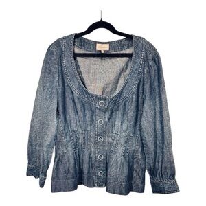 Luk Jeans blue wash denim princess neck button down peplum top jacket shirt